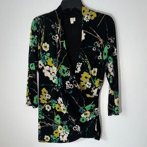 Madison Black Floral Blouse Stretchy‎ Lined Size L Faux Wrap